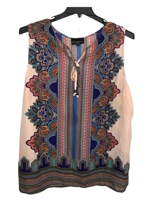Cynthia Rowley Tops - Cynthia Rowley Womens 2X Sleeveless Boho Print Top With Tie Neck & Vibrant Multi